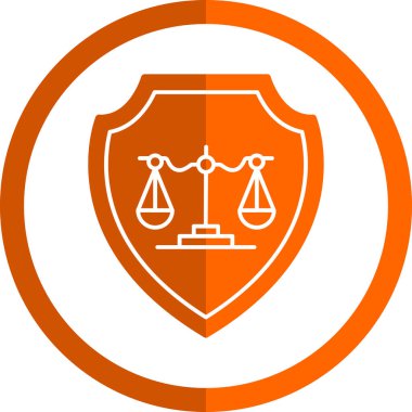 Adalet vektörü ikonu. Bu yuvarlak düz sembol beyaz arkaplanda turuncu ve gri renklerle çizilir..