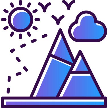 dağlar, güneş, dağ manzarası, kuşlar ve bulut, dağcılık düz çizgi ikon vektör sembolü şablonu