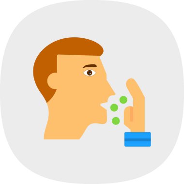 Solunum cihazı, astım spreyi, solunum aygıtı kullanan adam beyaz arkaplanda izole edilmiş düz vektör simgesi kullanıyor..