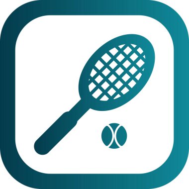 Beyaz tenis raketi ve mavi arka planda izole edilmiş top ikonu. Tenis malzemeleri. vektör illüstrasyonu.