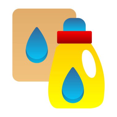 Sarı plastik bir şişenin karikatür çizimi. Su ve bir damla sıvı..