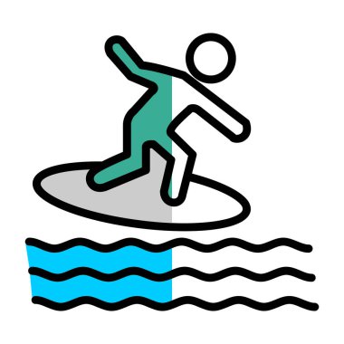 Sörf sörfçüsü ikonu. ana hatlı sörfçü sörf tahtası vektör simgesi rengi düz izole