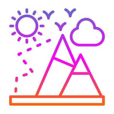 dağlar, güneş, dağ manzarası, kuşlar ve bulut, dağcılık düz çizgi ikon vektör sembolü şablonu