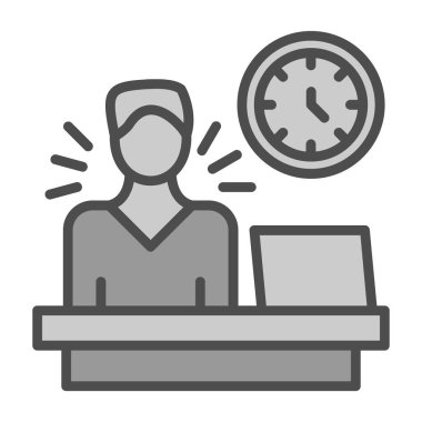 Beyaz arkaplan üzerinde bilgisayar ve saat simgesi olan işadamı, satır biçimi, vektör illüstrasyonu