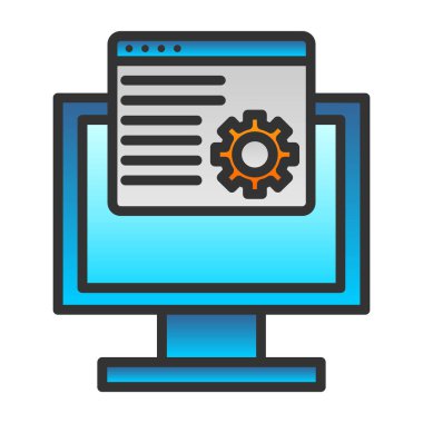 Bilgisayar monitörü ve çarkıfeleği olan düz simge, vektör illüstrasyonu