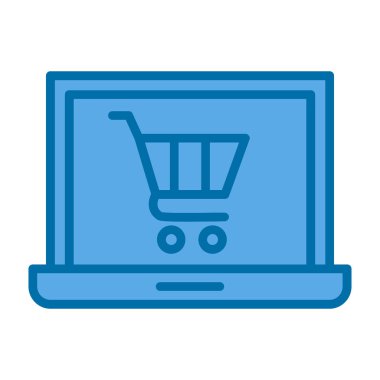 Alışveriş arabası simgesi olan dizüstü bilgisayar, çevrimiçi mağaza, vektör illüstrasyonu