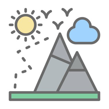 dağlar, güneş, dağ manzarası, kuşlar ve bulut, dağcılık düz çizgi ikon vektör sembolü şablonu