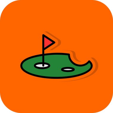 Beyaz arka planda golf topu ikonu olan renkli golf bayrağı. Golf sopası. Gradyan tarzı çizim. vektör illüstrasyonu