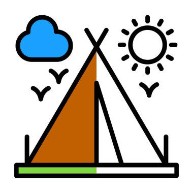 çadır kampı güneş ikonu renk ana hatları vektörü