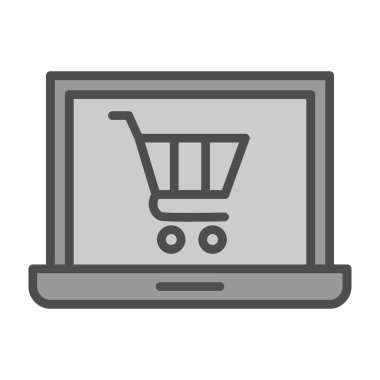 Alışveriş arabası simgesi olan dizüstü bilgisayar, çevrimiçi mağaza, vektör illüstrasyonu