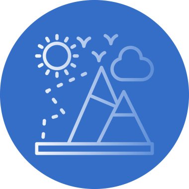 dağlar, güneş, dağ manzarası, kuşlar ve bulut, dağcılık düz çizgi ikon vektör sembolü şablonu