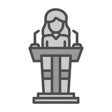 Mikrofon hattı simgesine sahip kadın konuşmacı, halka açık konferans konsepti, konferans hoparlörü işareti ve beyaz arkaplanda sembol