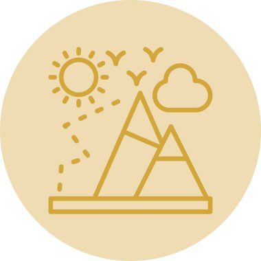 dağlar, güneş, dağ manzarası, kuşlar ve bulut, dağcılık düz çizgi ikon vektör sembolü şablonu