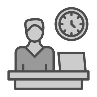 Bilgisayarı ve saati olan ofis masası.