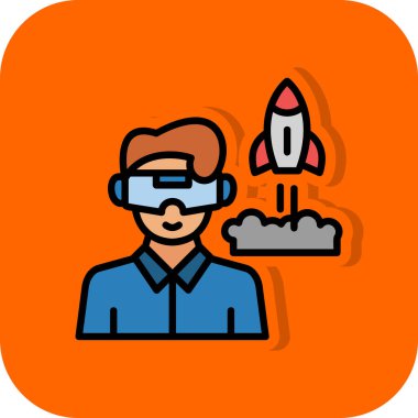 Sanal gerçeklik gözlüklü ve roket vektör resimli bir adam.