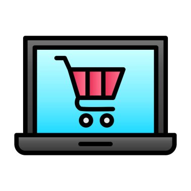Alışveriş arabası simgesi olan dizüstü bilgisayar, çevrimiçi mağaza, vektör illüstrasyonu