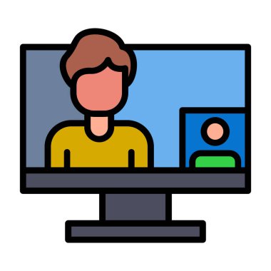 Dizüstü bilgisayar simgesi, vektör illüstrasyonu ile çalışan adam