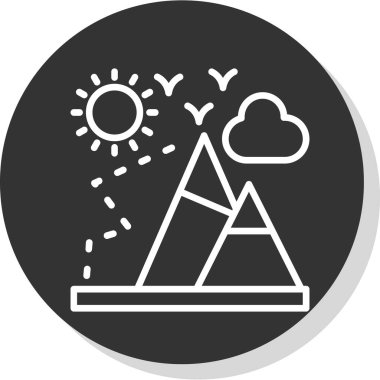 dağlar, güneş, dağ manzarası, kuşlar ve bulut, dağcılık düz çizgi ikon vektör sembolü şablonu