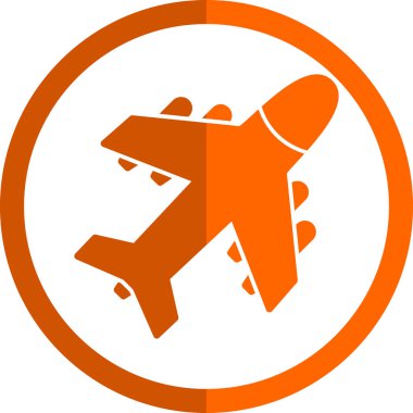 Uçak simgesi. Bu düz yuvarlak turuncu sembol beyaz arkaplan üzerinde beyaz renk ve yuvarlak açılar kullanır..