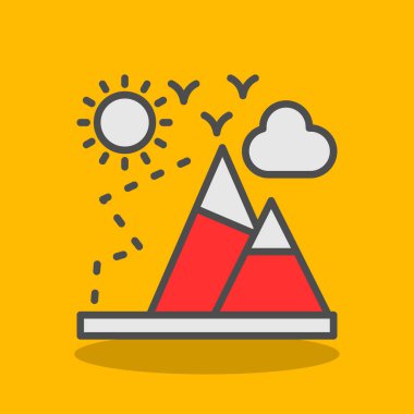 dağlar, güneş, dağ manzarası, kuşlar ve bulut, dağcılık düz çizgi ikon vektör sembolü şablonu