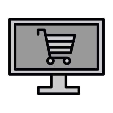 Alışveriş arabası simgesine sahip bilgisayar, web için çevrimiçi alışveriş sembolü, vektör illüstrasyonu