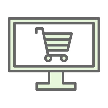 Alışveriş arabası simgesine sahip bilgisayar, web için çevrimiçi alışveriş sembolü, vektör illüstrasyonu