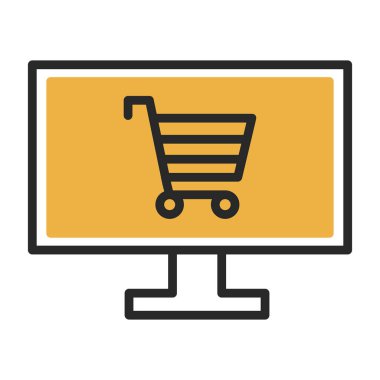 Alışveriş arabası simgesine sahip bilgisayar, web için çevrimiçi alışveriş sembolü, vektör illüstrasyonu