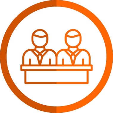 Personel simgesi. Vektör biçimi turuncu renkli, yuvarlak açılı, beyaz arkaplan şeklinde daire içine alınmış semboldür.