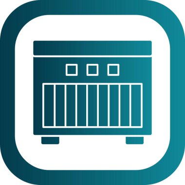 Uzun gölgeli beyaz çizgi buzdolabı simgesi. Buzdolabı buzdolabı. Ev aletleri ve aletler. Mavi altıgen düğmesi. vektör illüstrasyonu