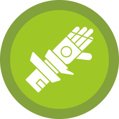 Yuvarlak pul simgesini tutan el. Vektör illüstrasyon biçimi, beyaz arkaplan üzerinde yeşil daire gri renkleri olan düz bir semboldür..