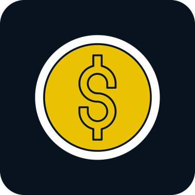 Dolar vektör simgesi. Bu düz yuvarlak kare düğme sarı ve beyaz renkler kullanır ve siyah bir arkaplanda izole edilir.