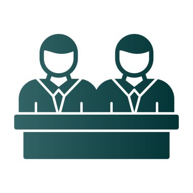 Yeşil takım elbiseli ve kürsüde duran iki adam. Beyaz arkaplanda izole vektör illüstrasyonu.