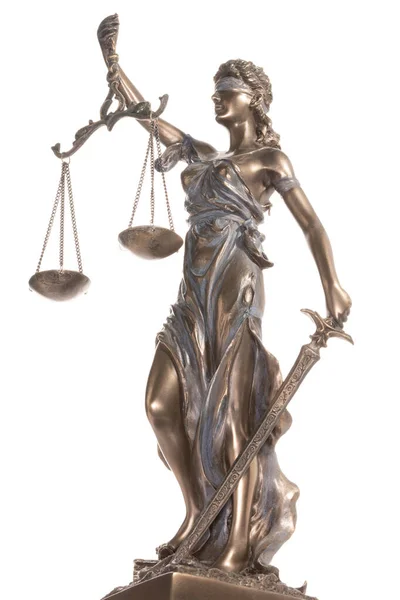 Bronzen Standbeeld Van Justitie Geïsoleerd Witte Achtergrond Juridisch Recht Rechtsbegrip — Stockfoto