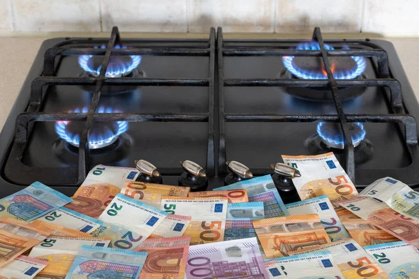 Πολλά Χρήματα Ευρώ Βρίσκονται Μπροστά Από Ένα Φλεγόμενο Φούρνο Αερίου — Φωτογραφία Αρχείου
