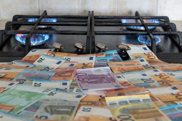 Πολλά Χρήματα Ευρώ Βρίσκονται Μπροστά Από Ένα Φλεγόμενο Φούρνο Αερίου — Φωτογραφία Αρχείου