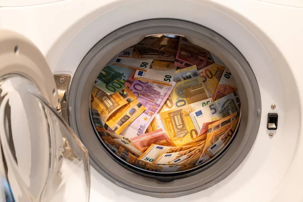 Closeup Big Pile Money Open Washing Machine Money Laundering Concept — Stock Photo, Image