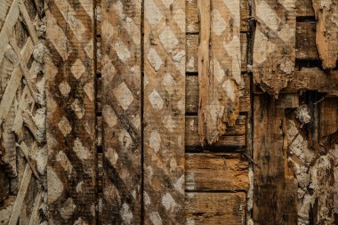 Eski ahşap duvar termitler tarafından hasar görmüş. Yakın çekim görüntüsü. Çürük duvar. Gerçek fotoğraf..