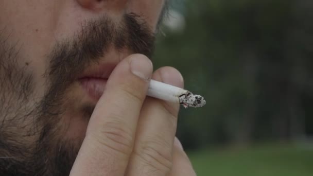 Sakallı Adamın Sigara Içerkenki Yakın Çekimi Görüntü — Stok video