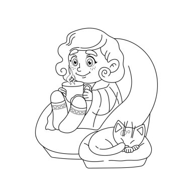 Boyacı kız elinde bir fincan sıcak kahve ya da çay tutuyor. Çocuk sıcak ve rahat battaniyenin altında oturuyor. Uyuyan kedi. Evcil hayvanlarla sıcak sonbahar zamanı. Çizgi film tarzında illüstrasyon. Çizgi sanatı beyazda izole.