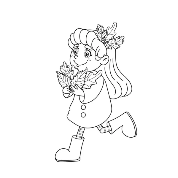 Coloring Page Cute Girl Holding Leaves Arms Kid Long Hair — Stock Photo, Image