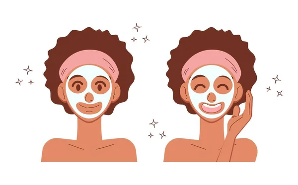 Giovane Donna Che Applica Maschera Argilla Afroamericano Ragazza Skincare Spa — Vettoriale Stock