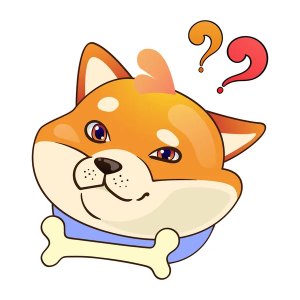 有问号的狗Emoji贴纸可爱的Shiba Inu 在白色背景上孤立的彩色矢量图 — 图库矢量图片