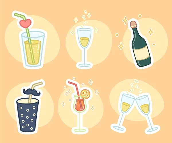 Hand Drawn Drinks Set Cartoon Style Soda Champagne Cocktails Colorful — Stock Vector