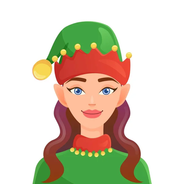 Çizgi Film Stili Elf Kızı Noel Karakterinin Portresi Beyaz Arkaplanda — Stok Vektör