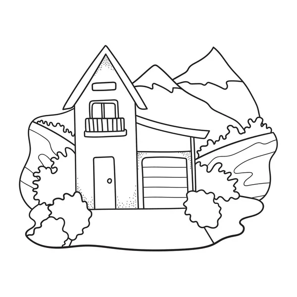 Grande Maison Village Avec Montagnes Paysage Forestier Bâtiment Style Dessin — Image vectorielle