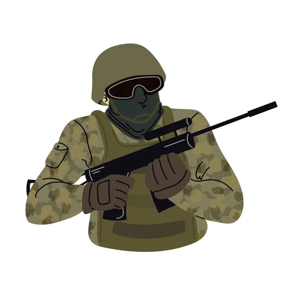 身着迷彩服 身穿作战制服 瞄准枪的陆军士兵 平面卡通画风格的肖像 在白色背景上孤立的向量图 — 图库矢量图片