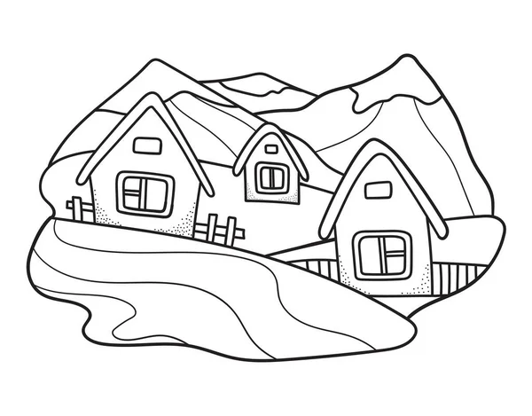 Krajina Vesnickými Domy Kopcích Horách Budova Kresleném Stylu Kresba Čáry — Stockový vektor