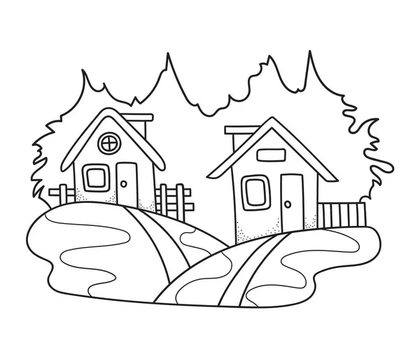 Vesnické Domy Kopcích Lesní Krajiny Budova Kresleném Stylu Kresba Čáry — Stockový vektor