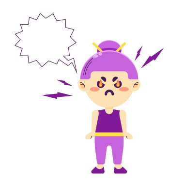 Kızgın Chibi kızı ve konuşma balonu. Gözlerinde ateş olan Kawaii karakteri sinirlenir. Beyaz arkaplanda izole edilmiş renkli vektör illüstrasyonu.