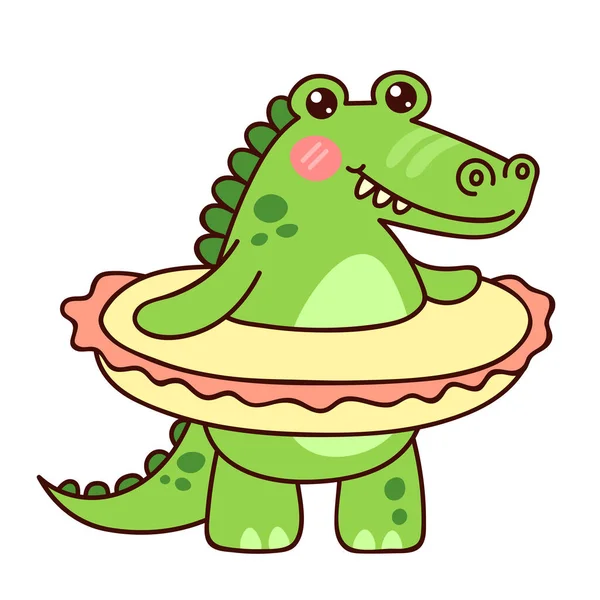 Милый Зеленый Крокодил Резиновым Кольцом Персонаж Кавайи Стиле Мультфильма Иллюстрация — стоковое фото